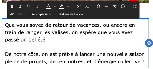Bouton Balises de fusion dans la barre d'outils d'un bloc de texte