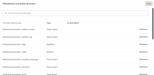 Fenêtre Sélectionnez une balise de fusion avec la liste des attributs personnalisés