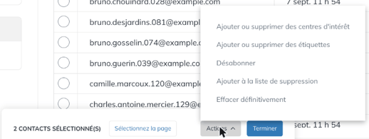 Menu Actions avec l'option Ajouter à la liste de suppression