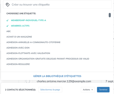 Liste des étiquettes à appliquer aux contacts sélectionnés