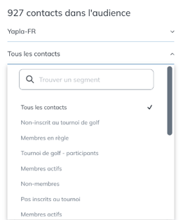Menu déroulant des segments dans la colonne de gauche de la page Contacts