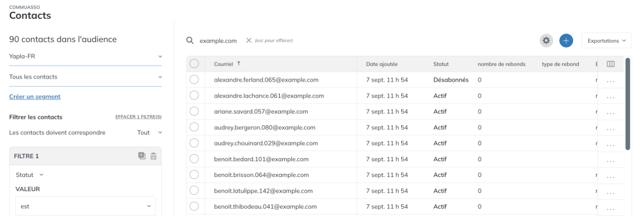 Page Contacts avec le lien Créer un segment dans la colonne de gauche