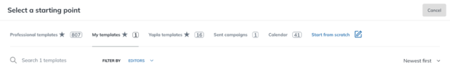 Select a starting point window with the template tabs