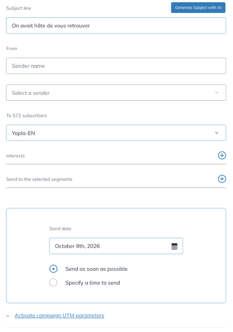 Campaign details with the subject line, sender, list, segments and send date