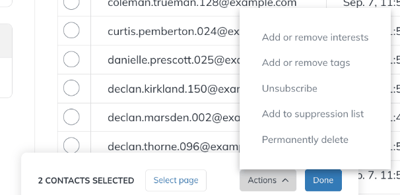 Actions menu with the Unsubscribe option after selecting contacts