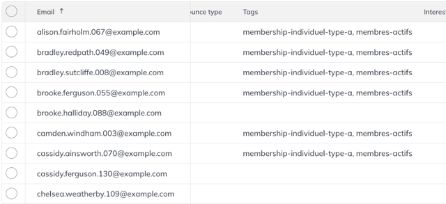 Tags column of the contact list with the membres-actifs tag