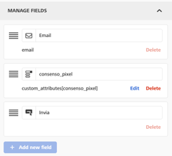 MANAGE FIELDS section of the form properties panel