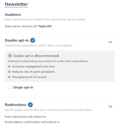 Double opt-in section of the form setup page