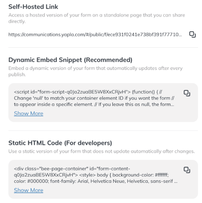 Self-Hosted Link, Dynamic Embed Snippet and Static HTML Code options