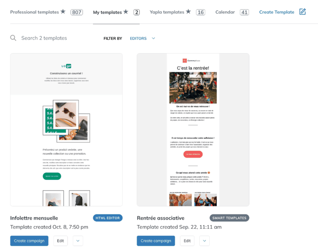 My templates tab with the Create campaign and Edit buttons