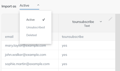 Import as menu with the Active, Unsubscribed and Deleted statuses