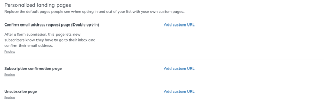 Personalized landing pages section of the list settings