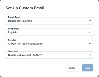 Set Up Custom Email window with the email type, language, sender and template