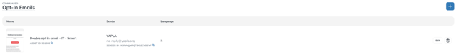 Opt-In Emails page with the name, sender and language of each email
