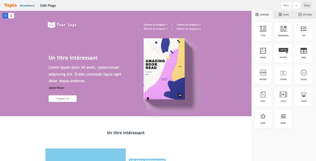 Landing page editor with the Content tab