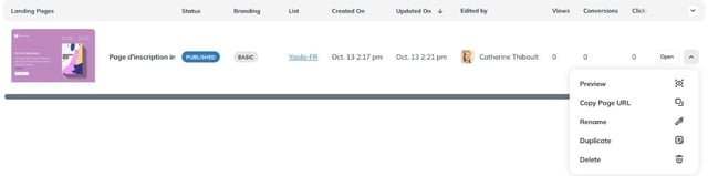 List of landing pages with the Preview, Copy Page URL, Rename, Duplicate and Delete menu