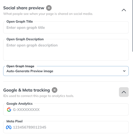 Social share preview and Google & Meta tracking options