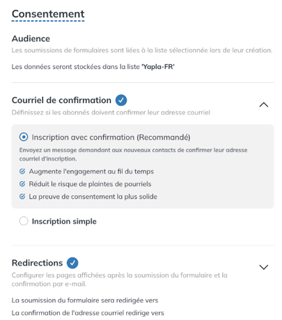 Section Courriel de confirmation de la page de configuration du formulaire