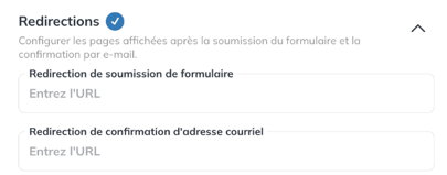 Section Redirections du formulaire