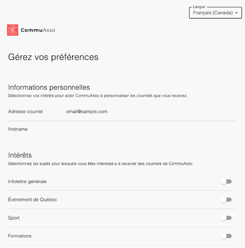 Centre de préférences vu par l'abonné, avec un interrupteur par intérêt