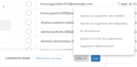 Menu Actes avec l'option Se désabonner après la sélection de contacts