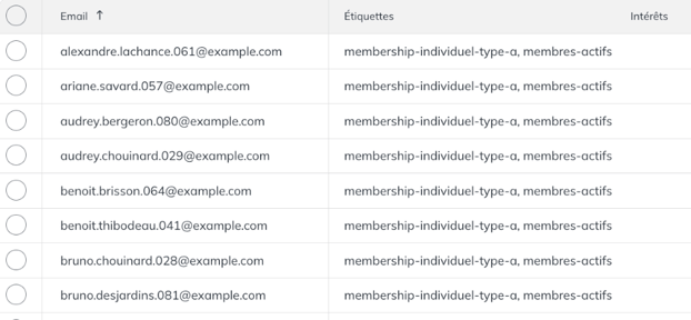 Colonne Étiquettes de la liste des contacts avec l'étiquette membres-actifs