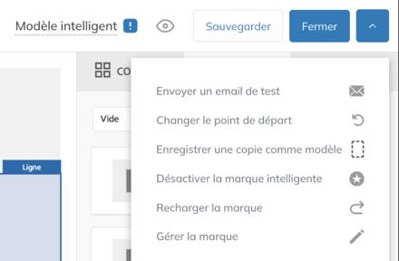 Menu de l'éditeur d'email avec les options Changer le point de départ et Enregistrer une copie comme modèle