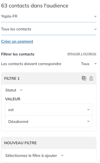 Filtre Statut est Désabonné dans la page Contacts
