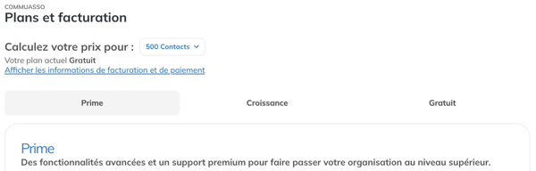 Page Forfaits et facturation avec le calculateur de prix et les onglets des forfaits