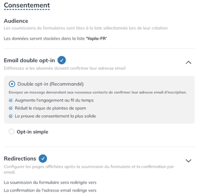 Section Email double opt-in de la page de configuration du formulaire