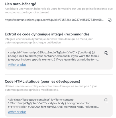 Options Lien auto-hébergé, Extrait de code dynamique intégré et Code HTML statique