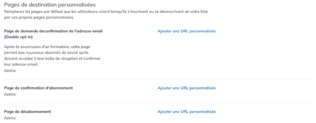 Section Pages de destination personnalisées des paramètres de la liste