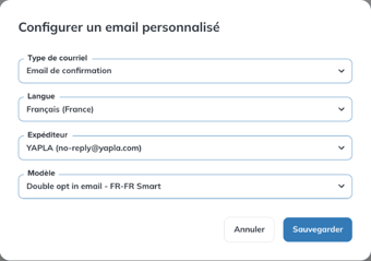 Fenêtre Configurer un email personnalisé avec le type, la langue, l'expéditeur et le modèle