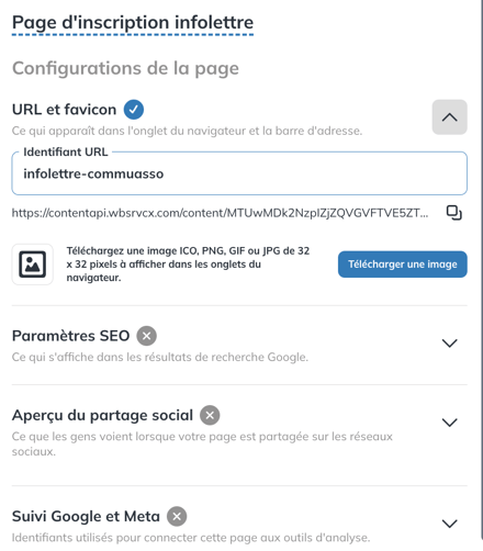 Configurations de la page avec l'identifiant URL et le favicon