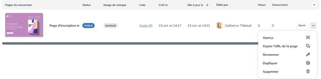 Liste des pages de conversion avec le menu Aperçu, Copier l'URL de la page, Renommer, Dupliquer et Supprimer