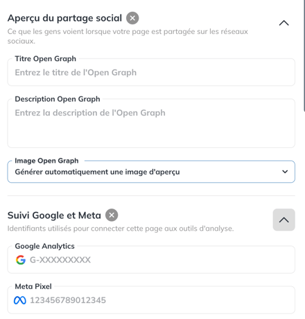 Options Aperçu du partage social et Suivi Google et Meta