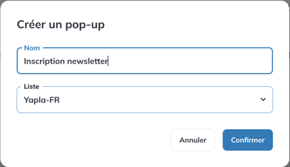 Fenêtre Créer un pop-up avec les champs Nom et Liste