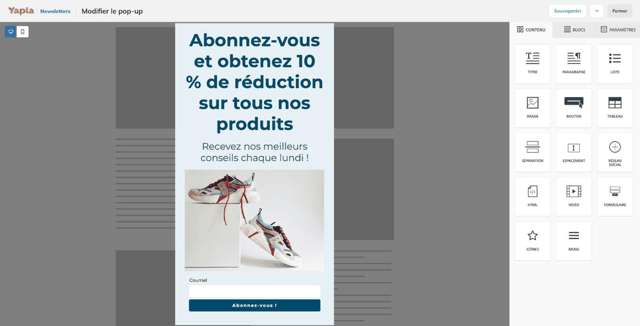 Éditeur du pop-up avec l'onglet Contenu et le bloc Formulaire