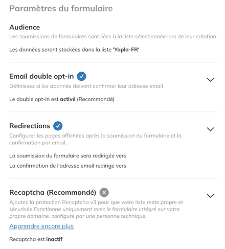Section Paramètres du formulaire du pop-up