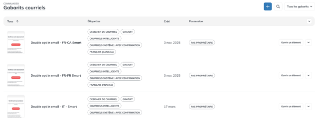 Liste des gabarits de double opt-in dans Tous les gabarits