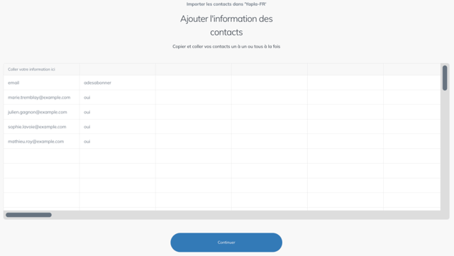 Tableau de collage des contacts avec une colonne email et une colonne d'attribut
