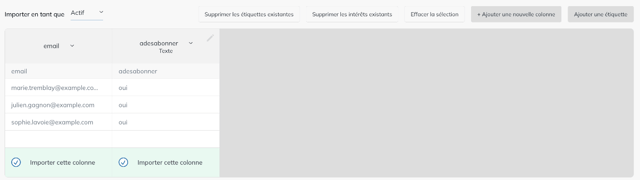 Étape Choisir les noms des colonnes du contact