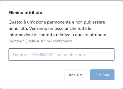 Finestra Elimina attributo che chiede di scrivere ELIMINARE per confermare