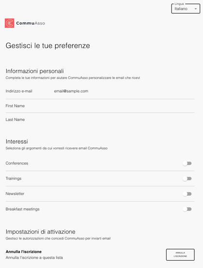 Centro preferenze visto dall'iscritto, con un interruttore per ogni interesse