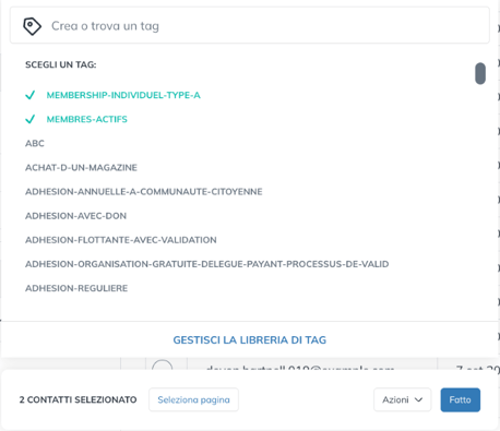 Elenco dei tag da applicare ai contatti selezionati
