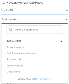 Menu a tendina dei segmenti nella colonna di sinistra della pagina Contatti