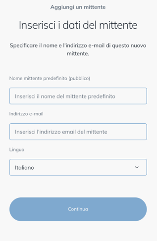 Modulo Aggiungi un mittente con il nome, l'indirizzo e-mail e la lingua