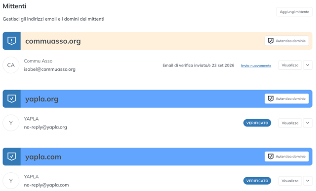 Pagina Mittenti con indirizzi verificati e un indirizzo in attesa di verifica