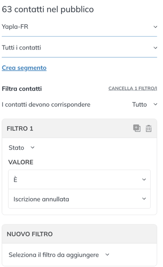 Filtro Stato È Iscrizione annullata nella pagina dei contatti