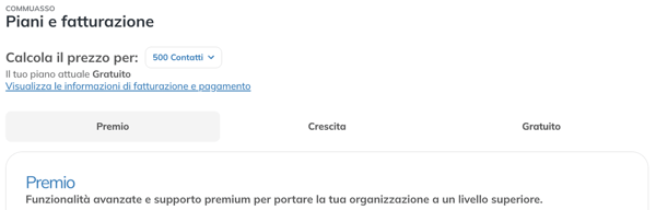 Pagina Piani e fatturazione con il calcolatore del prezzo e le schede dei piani